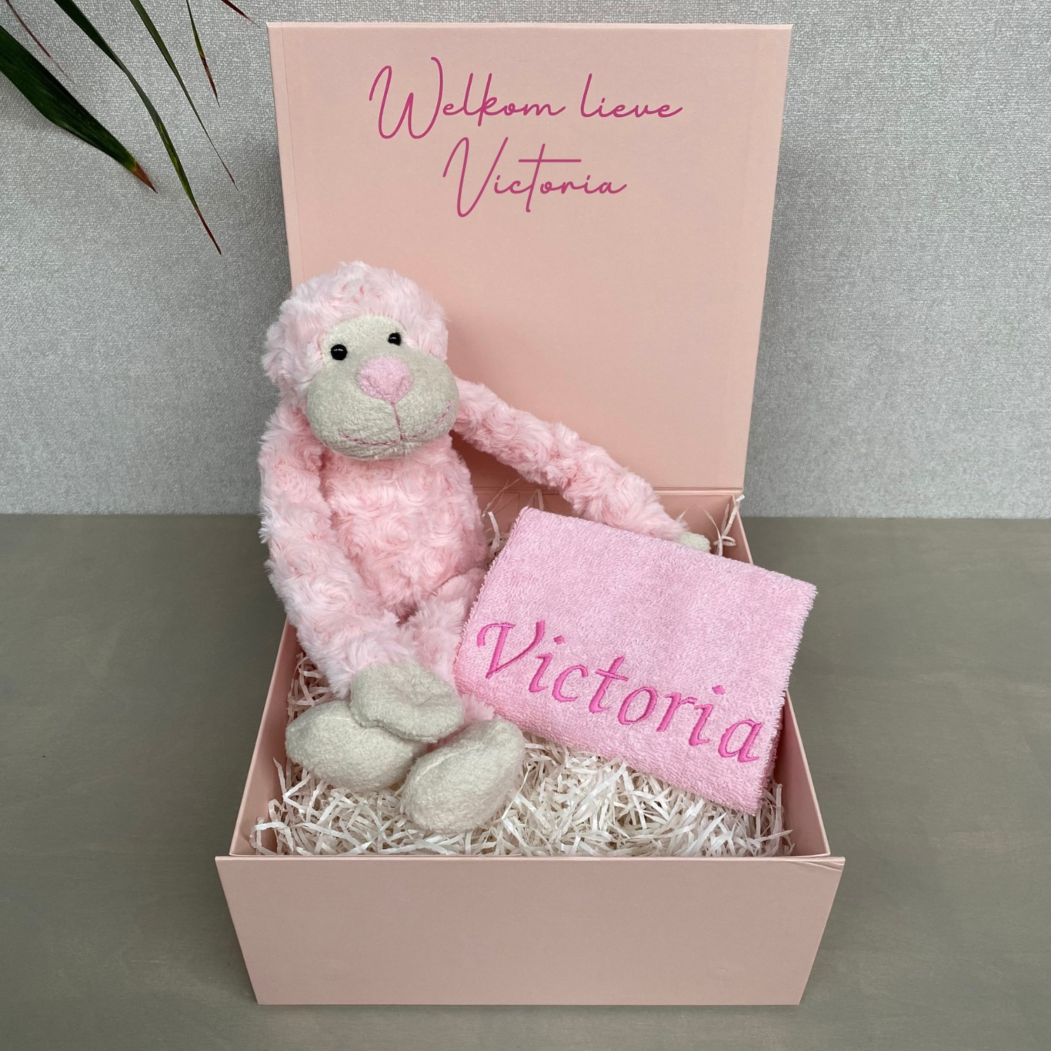 kraamcadeau aap met slab gepersonaliseerde cadeaubox stel zelf samen
